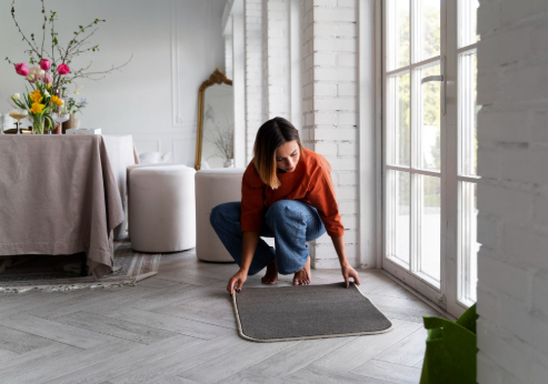 Woman placing area rug indoors during Carpet Installation in Essex County by Weston Carpet & Rugs.